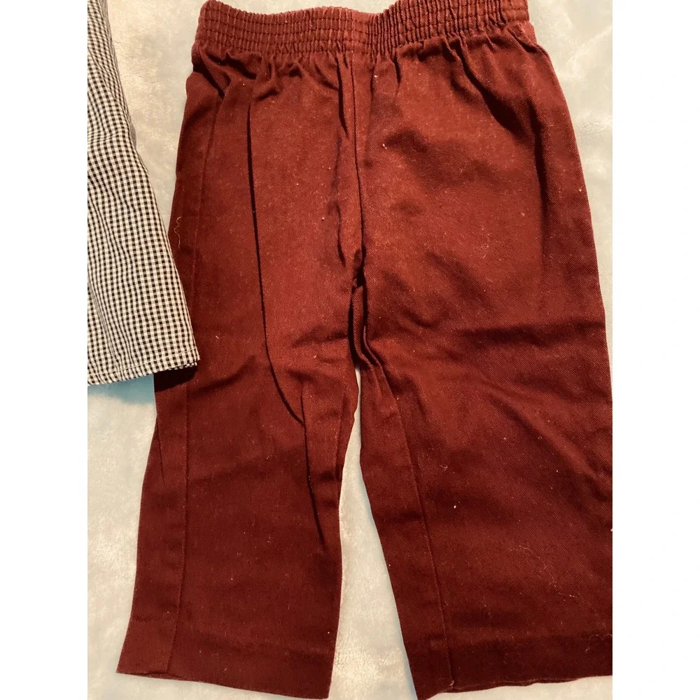 Nautica Boys 12M 2pc Set Gingham‎ Button Down Shirt and Burgundy Pants Outfit
